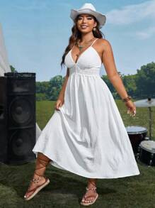 SHEIN VCAY Plus Solid Tie Backless Cami Dress Country Dress - White - View 6