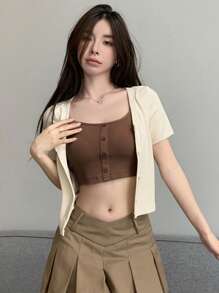 DAZY 鈕扣前短袖t恤 - 米色 - 查看 3