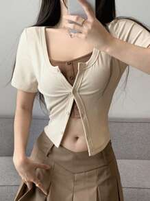 DAZY 鈕扣前短袖t恤 - 米色 - 查看 8