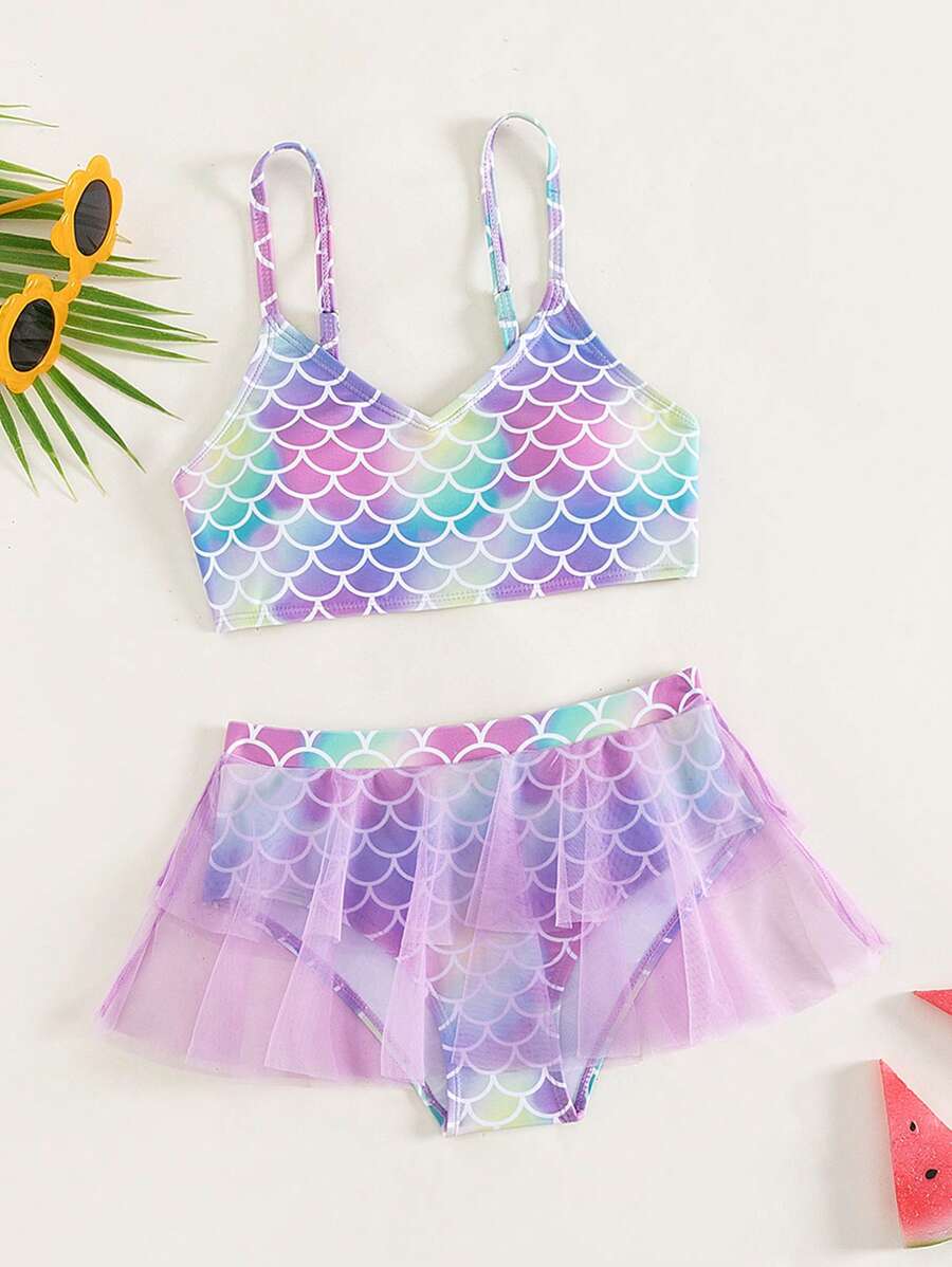 Conjunto de bikini de contraste con estampado de escamas de pez y malla para niña preadolescente, para la playa de verano - Multicolor - Ver 1