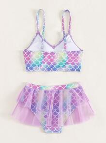 Conjunto de bikini de contraste con estampado de escamas de pez y malla para niña preadolescente, para la playa de verano - Multicolor - Ver 2