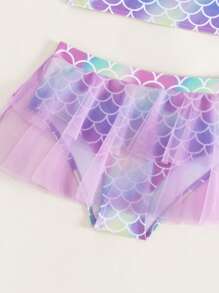 Conjunto de bikini de contraste con estampado de escamas de pez y malla para niña preadolescente, para la playa de verano - Multicolor - Ver 4