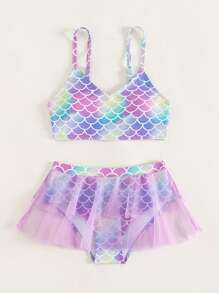 Conjunto de bikini de contraste con estampado de escamas de pez y malla para niña preadolescente, para la playa de verano - Multicolor - Ver 5