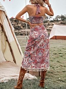 SHEIN VCAY Paisley Print Halter Top & Tassel Trim Skirt - Multicolor - View 3