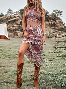 SHEIN VCAY Paisley Print Halter Top & Tassel Trim Skirt - Multicolor - View 5