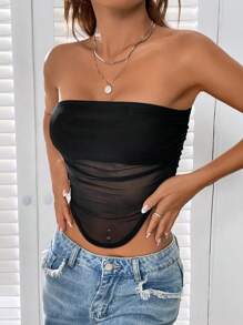 SHEIN BAE 褶邊網紗抹胸上衣 - 黑色 - 查看 5