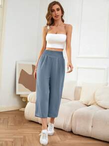 SHEIN LUNE 素色闊腿七分褲 - 藍色 - 查看 5