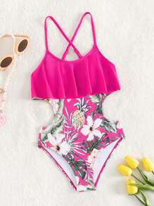 女孩熱帶圖案鏤空荷葉邊一片式吊帶泳衣 - 玫紅色 - 查看 1