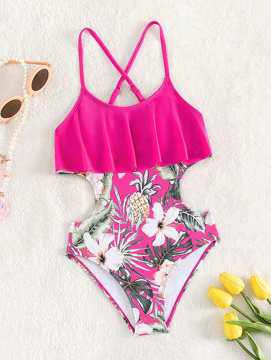 女孩熱帶圖案鏤空荷葉邊一片式吊帶泳衣 - 玫紅色 - 查看 1