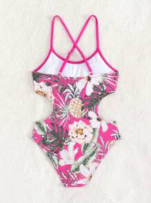 女孩熱帶圖案鏤空荷葉邊一片式吊帶泳衣 - 玫紅色 - 查看 2