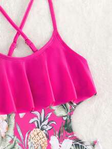 女孩熱帶圖案鏤空荷葉邊一片式吊帶泳衣 - 玫紅色 - 查看 3