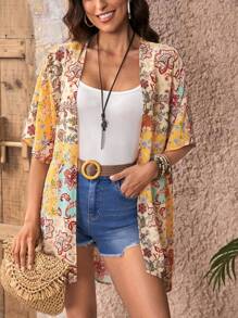 EMERY ROSE Floral Print Open Front Kimono Without Cami Top - Multicolor - View 5