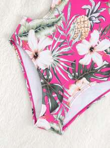女孩熱帶圖案鏤空荷葉邊一片式吊帶泳衣 - 玫紅色 - 查看 4