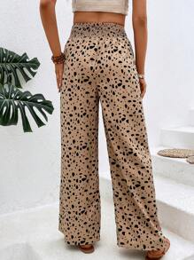 SHEIN VCAY Dalmatian Print Paperbag Waist Wide Leg Pants - Khaki - View 2