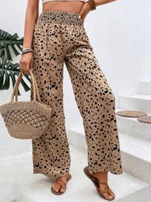 SHEIN VCAY Dalmatian Print Paperbag Waist Wide Leg Pants - Khaki - View 5