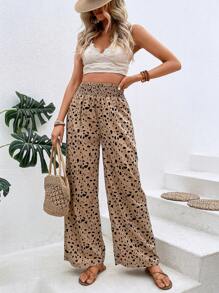 SHEIN VCAY Dalmatian Print Paperbag Waist Wide Leg Pants - Khaki - View 6