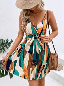 Breezaya 几何印花褶皱下摆系腰带吊带连衣裙迷你短款度假海滩装女款 - 彩色 - 查看 3