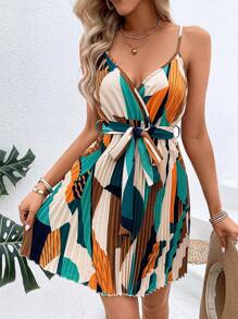 Breezaya 几何印花褶皱下摆系腰带吊带连衣裙迷你短款度假海滩装女款 - 彩色 - 查看 5