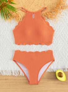 Tween Girl Scallop Trim Bikini Set Summer Beach - Orange - View 1