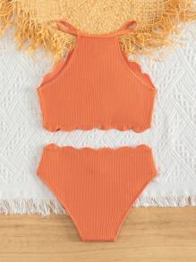 Tween Girl Scallop Trim Bikini Set Summer Beach - Orange - View 2