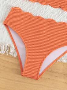 Tween Girl Scallop Trim Bikini Set Summer Beach - Orange - View 3