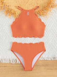 Tween Girl Scallop Trim Bikini Set Summer Beach - Orange - View 5