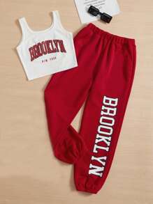 SHEIN EZwear Ngày lễ tình nhân, cộng với áo ba lỗ họa tiết chữ và quần nỉ - Đỏ - Xem 1