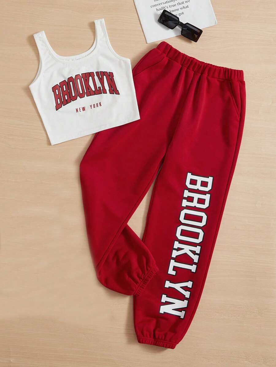 SHEIN EZwear Ngày lễ tình nhân, cộng với áo ba lỗ họa tiết chữ và quần nỉ - Đỏ - Xem 1