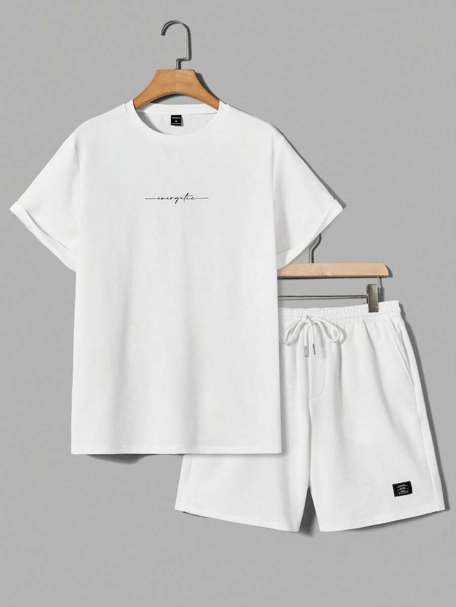 GENTILAND Men Cotton Letter Graphic Tee & Drawstring Waist Shorts - White - View 1