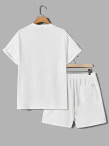 GENTILAND Men Cotton Letter Graphic Tee & Drawstring Waist Shorts - White - View 2