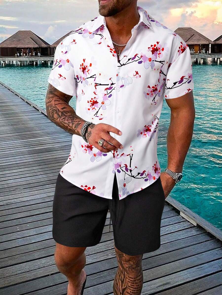 Manfinity RSRT Men Floral Print Shirt & Drawstring Waist Shorts Without Tee - Black and White - View 1