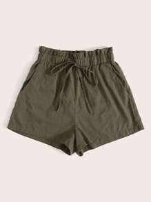 SHEIN EZwear 大碼紙袋腰前抽繩短褲 - 軍綠色 - 查看 1