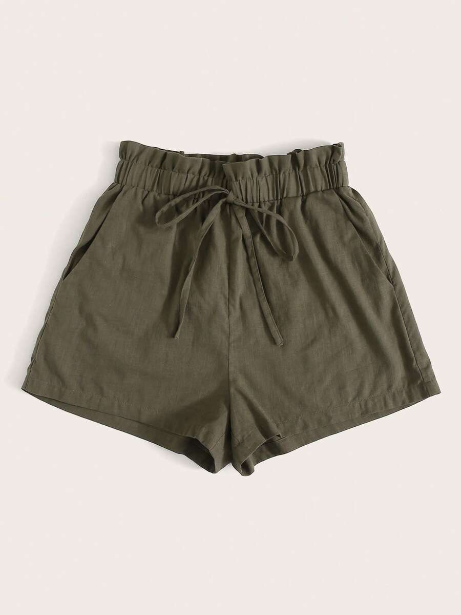 SHEIN EZwear 大碼紙袋腰前抽繩短褲 - 軍綠色 - 查看 1