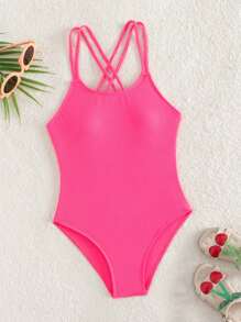 Girls Solid Criss Cross Backless One Piece Swimsuit - Pink - View 5