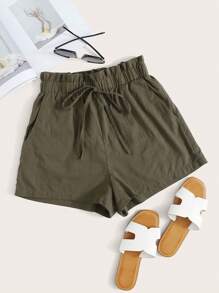 SHEIN EZwear 大碼紙袋腰前抽繩短褲 - 軍綠色 - 查看 3