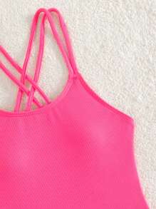 Girls Solid Criss Cross Backless One Piece Swimsuit - Pink - View 3