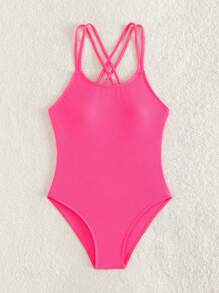 Girls Solid Criss Cross Backless One Piece Swimsuit - Pink - View 1
