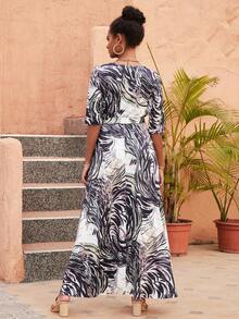 ZIAI Allover Print Surplice Neck Belted Dress - Multicolor - View 2