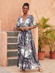 ZIAI Allover Print Surplice Neck Belted Dress - Multicolor - View 3