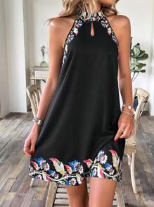 SHEIN LUNE Floral Print Cut Out Front Dress - Black - View 1