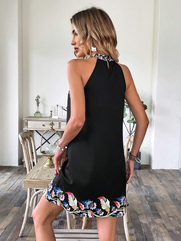 SHEIN LUNE Floral Print Cut Out Front Dress - Black - View 2