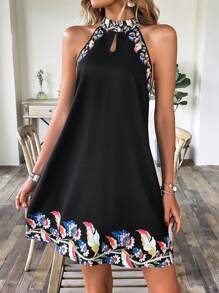 SHEIN LUNE Floral Print Cut Out Front Dress - Black - View 3