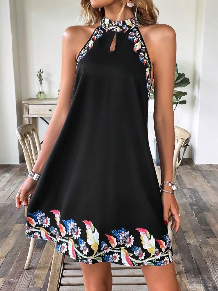 SHEIN LUNE Floral Print Cut Out Front Dress - Black - View 3