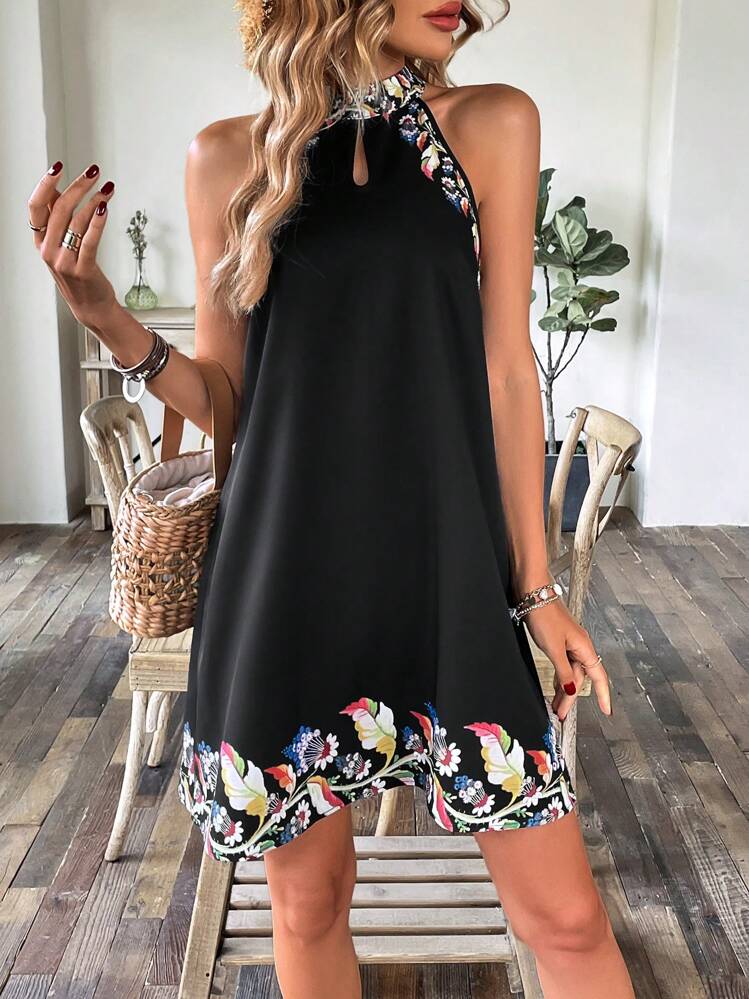 SHEIN LUNE Floral Print Cut Out Front Dress - Black - View 4
