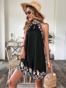 SHEIN LUNE Floral Print Cut Out Front Dress - Black - View 6