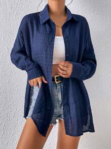 Chiquease Drop Shoulder Button Front Shirt - Navy Blue - View 1