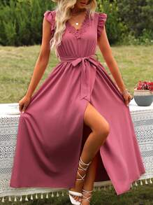 Breezaya Vestido con cinturón con encaje en contraste ribete con fruncido - Rosa - Ver 1