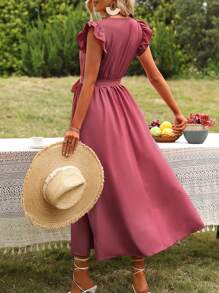 Breezaya Vestido con cinturón con encaje en contraste ribete con fruncido - Rosa - Ver 2