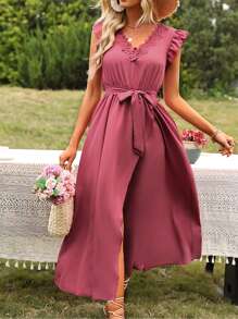 Breezaya Vestido con cinturón con encaje en contraste ribete con fruncido - Rosa - Ver 3