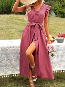 Breezaya Vestido con cinturón con encaje en contraste ribete con fruncido - Rosa - Ver 4